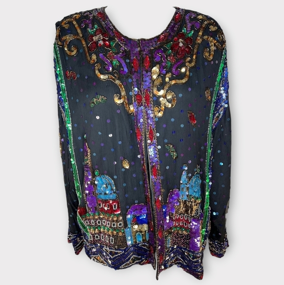 Plus size vintage sequin silk cityscape jacket 2X by TOGETHER! - Picture 1 of 9